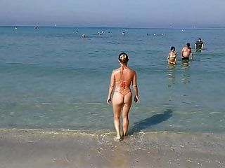 橙色丁字裤g字符串性感微比基尼公共海滩熟女